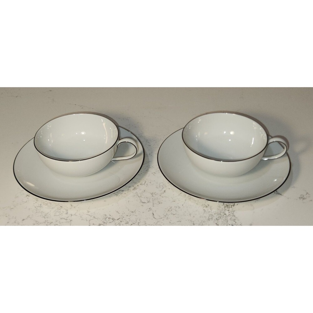 4 Piece Set KPM URBINO 2 Tea Cups & 2 Saucers Canto Coffee Mugs White Black Rim